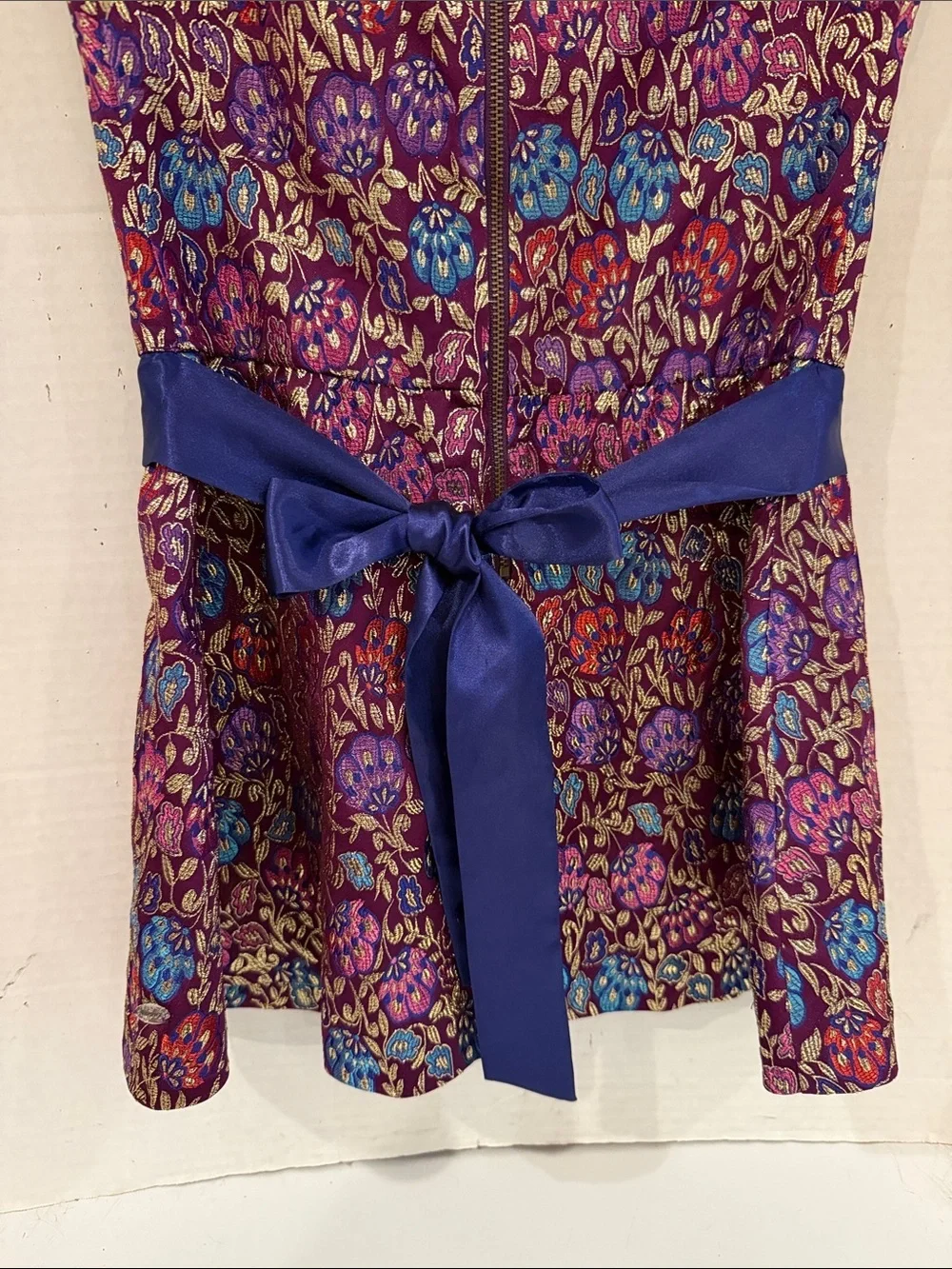 American Girl Purple Floral Brocade Dress with Blue Waist Sash (sz 8)